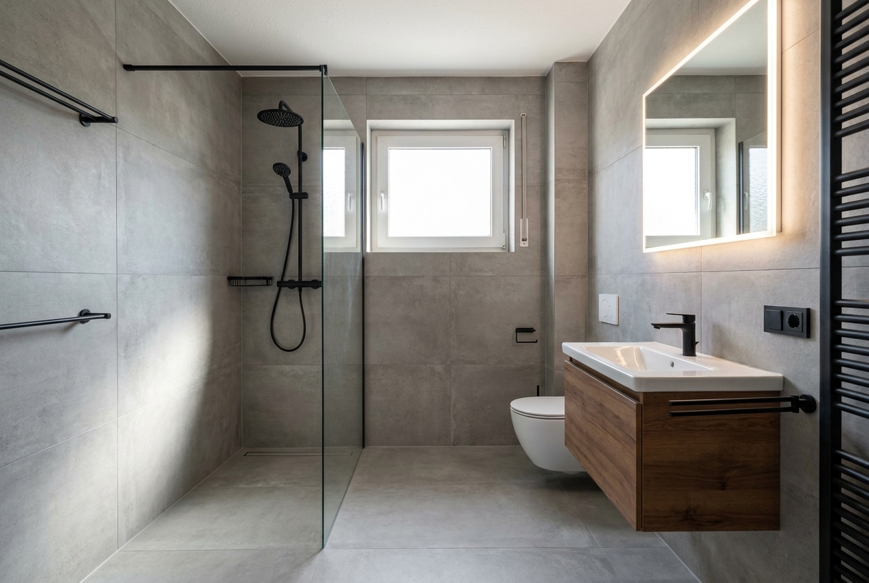 Dasselbe Bad als KI-Ideenbild: Betonoptik, Walk-in-Dusche, schwarze Armaturen