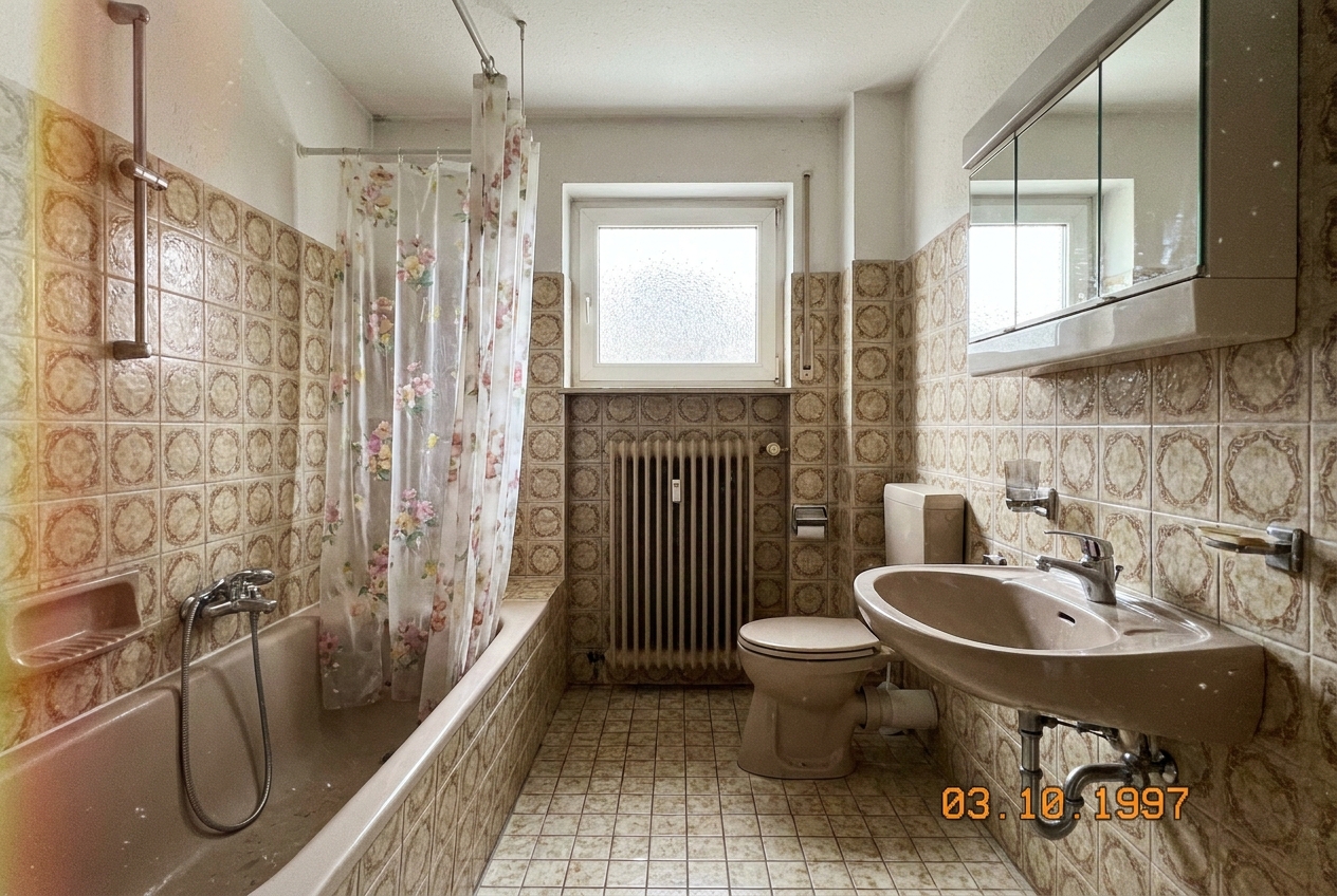 Bad aus den 90ern mit beigen Fliesen und Badewanne, vorher